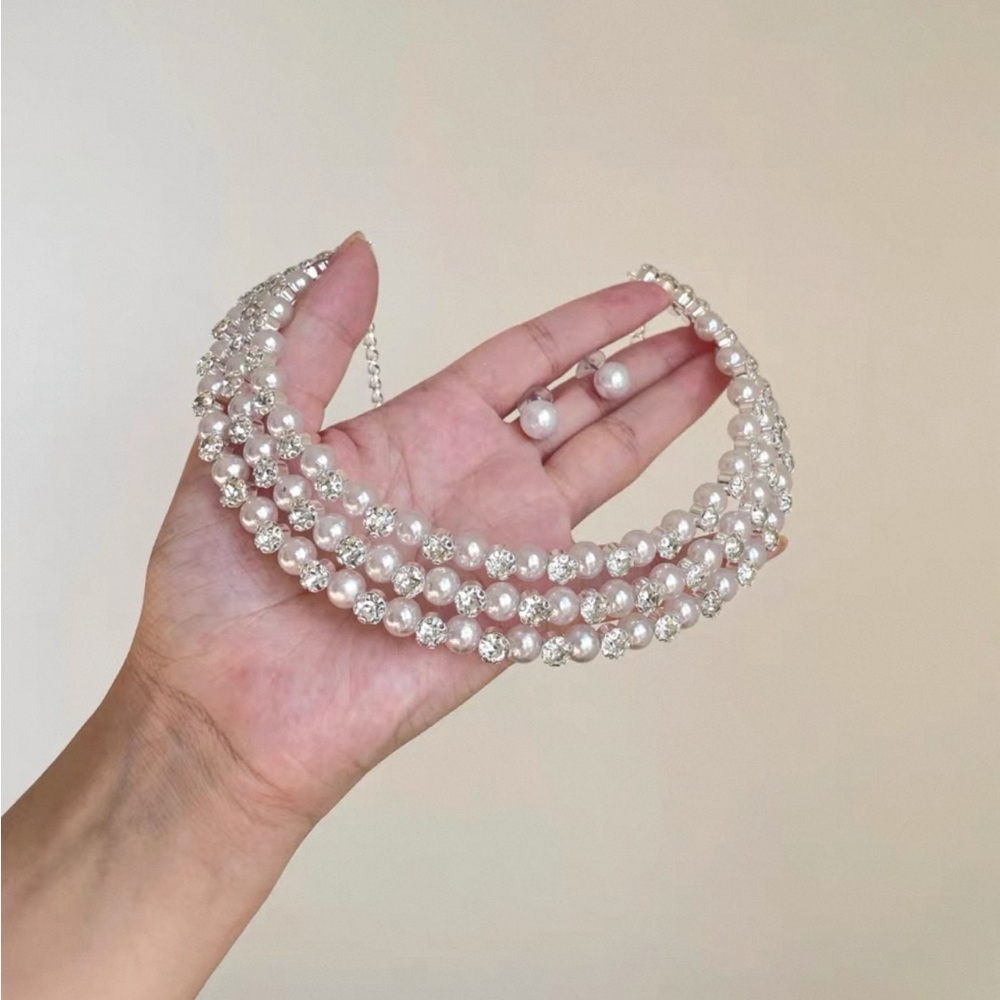 Retro French Layered Pearl Rhinestone Choker Necklace & Earrings Set